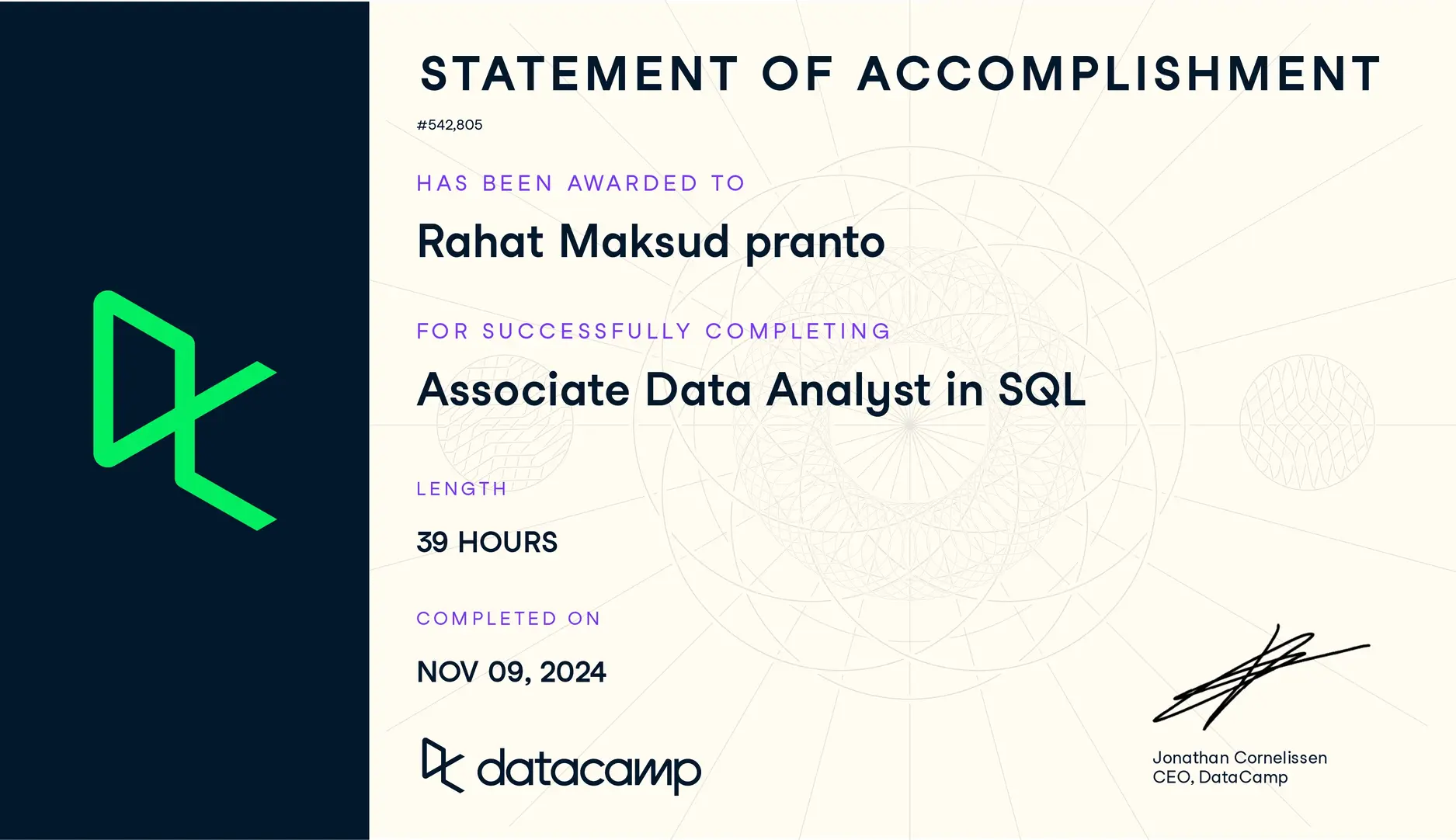 Public credential image: Associate Data Analyst in SQL