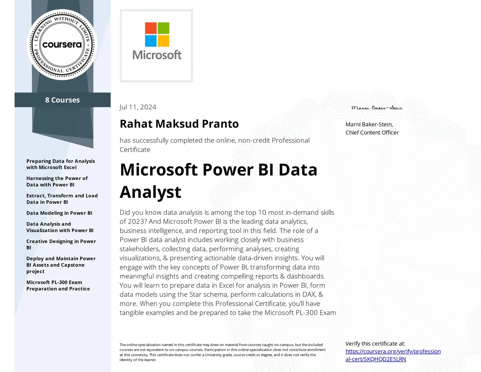 Public credential image: Microsoft Power BI Data Analyst Specialization